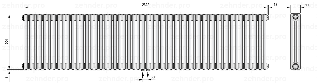 Схема (чертеж) Радиатор Zehnder Charleston 3090/52 №3470 Белый глянцевый RAL 9016